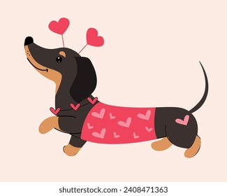 Me encanta el perro dachshund y los corazones por el día de San Valentín. Ilustración del doodle de dibujos animados