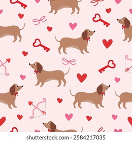 Love dachshund dog. Valentine's Day pattern. Vector graphics