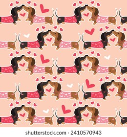 Love dachshund dogs and hearts on a pink background seamless pattern. Vector illustration doodle style. valentine's day card. Love animals svg