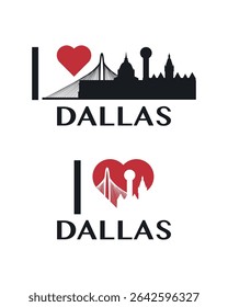 I love Dallas vector art, badge, tag, icon, logo concept. USA, Texas state city landmarks and heart isolated image layout for print, image, card