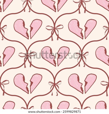Love damask seamless pattern. Girly pencil endless background. Bow and broken heart ogee repeat cover. Crayon continuous ornament. Surface pattern design ribbon motif. Vector hand drawn illustration.