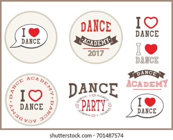 i love dance, dance academy, dance party - elements, sign, stickers, card,  templates, emblems, icons. Design  for dance studio, party, label for t-shirts