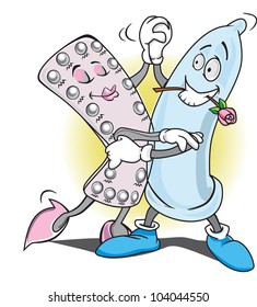 Baile de amor, píldoras de control de natalidad bailando con un condón, con Rose, ilustración vectorial