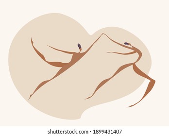 Love dance dynamic vector illustration. Dancing people, flying, hyperbolism stylisation. Minimalism. Greeting valentine's day card, banner. Healthy movement easy, freedom. articulation joints