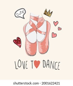 eslogan de amor con ballet dibujado a mano zapato y iconos brillantes ilustración vectorial