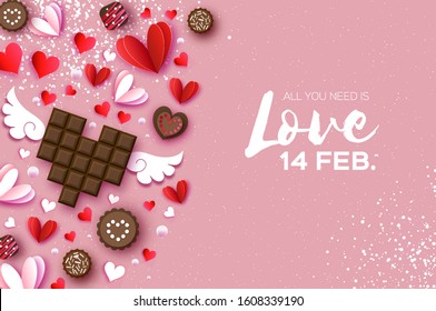 Love Dark Chocolate. Valentines Day Greeting Card. Red white hearts paper cut style and dessert, candy. Origami Happy holidays. Space for Text. 14 February.