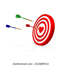 Love dart. Dart arrows target the heart shaped dartboard. 3D illustration. Flat style. Isolated vector for presentation, infographic, website, apps and other uses.