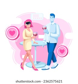 Love date in metaverse vector illustration. Cartoon couple of lovers dating on future party in virtual reality, man and woman in VR headset talking with wine glasses, drinking virtual alcohol drink