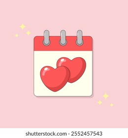 Love Date On Cartoon Style Calendar, Cute Hearts Vector Illustration, Fourteenth of February, Valentine's Day.