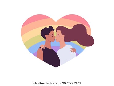 Love, date and relationship concept. Vector flat people illustration. Lgbt pride. Couple of female lesbian lover on rainbow heart shape background isolated on white. Design for valentine day.