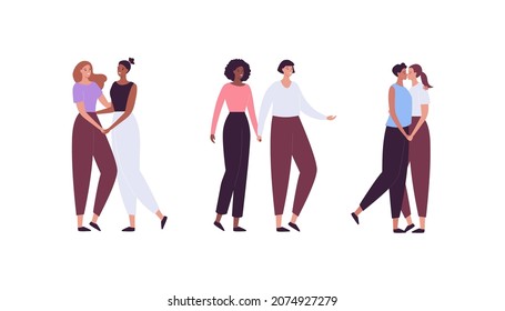 Love, date and relationship concept. Vector flat people character illustration set. LGBT pride. Collection of full length lesbian woman in romantic pose and friends. Design for valentine day.