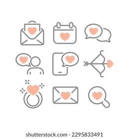 Love, dating app line vector icon set. Letter, messaging and wedding outlined icons.