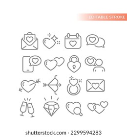Love, dating app line vector icon set. Letter, messaging and wedding outlined icons.