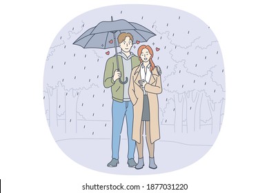 Love, dating, couple in relationship concept. Happy young loving smiling couple cartoon characters standing under umbrella during rainy weather, hugging and feeling love illustration 