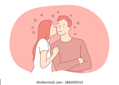 Love, dating, couple togetherness concept. Young loving happy girlfriend cartoon character kissing her boyfriends cheek and feeling love. Couple enjoying time together and kissing illustration