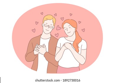 Love, dating, couple togetherness concept. Young loving happy couple cartoon characters standing with eyes closed, touching heart place and feeling love and tenderness illustration