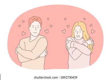 Love, dating, couple togetherness concept. Young loving happy couple cartoon characters standing with eyes closed, touching embracing shoulders and feeling love and tenderness illustration