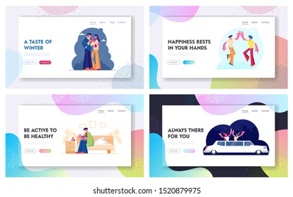 Love Dating Friendship Illness Limousine Party Website Landing Page Set. Couple Meeting, Sick Man Take Drugs, Friends Beat Hand, Girls Celebrate in Car Web Page Banner Cartoon Flat Vector Illustration