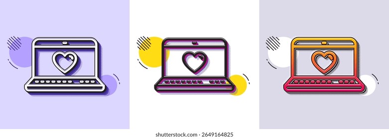 Amor namoro ícone de linha. Padrão pontilhado de meio-tom. Ícone de gradiente com sombra de grão. Sinal de coração no notebook. Símbolo do Dia dos Namorados. Ícone de amor da Web de linha. Vários desenhos. Vetor