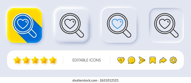 Amor namoro ícone de linha. Neumórfico, sombra plana, botões 3d. Sinal de relações de pesquisa. Símbolo do Dia dos Namorados. Ícone de amor de pesquisa de linha. Ícones de mídia social. Vetor