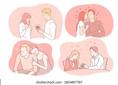 Love, dating, proposal, engagement, relationship, togetherness, couple concept. Young loving happy couple cartoon characters feeling love, making proposal, enjoying time together and kissing 