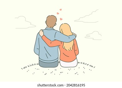 Love, dating, romance and feelings concept. Young loving couple sitting backwards embracing looking at horizon feeling in love vector illustration 