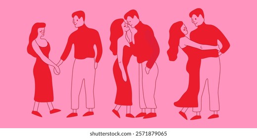 Love, dating, romance and feelings concept. Romantic evening of a couple in love. Silhouette of a woman and a man in love and in an embrace. Dances of lovers. St. Valentine's Day