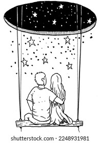 Love dating, romance and relationship concept, back view of loving couple sitting on swing counting stars on romantic night together. vector illustration