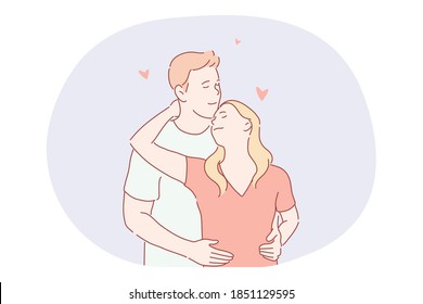 Love, dating, romance, relationship, togetherness, couple concept. Young loving happy couple cartoon characters standing and hugging each other with eyes closed during date. Girlfriends and boyfriend 