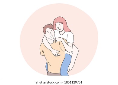 Love, dating, romance, relationship, togetherness, couple concept. Young loving smiling girlfriend cartoon character riding on her boyfriends back and hugging him from behind during date 