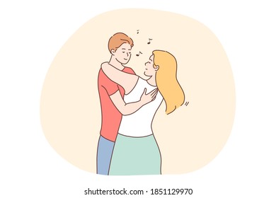 Love, dating, romance, relationship, togetherness, couple concept. Young loving happy smiling couple cartoon characters standing and hugging each other during date. Girlfriend and boyfriend dancing