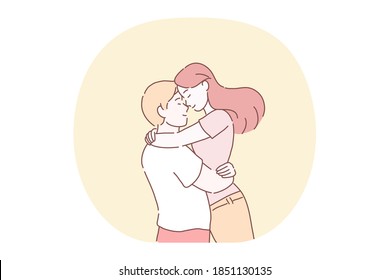 Love, dating, romance, relationship, togetherness, couple concept. Young loving happy smiling couple cartoon characters embracing each other and feeling love during date. Girlfriend and boyfriend 