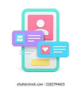 Love dating smartphone application user interface new message cyberspace notification realistic 3d icon vector illustration. Date meeting romantic remotely communication mobile phone app service