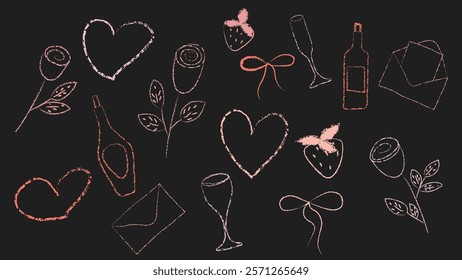 Love day element with scribble chalk line. Hand paint heart symbol with crayon brush. Cute Valentine doodle icon set. Wine bottle, glass, rose flower, romantic letter and coquette bow decoration