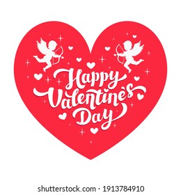 Love day greeting card. Happy Valentine's day quote and cupids on pink heart. Vector illustration
