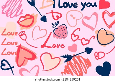 Love day heart, strawberry, arrow, lettering, glasses elements on the pink background. Different shaped heart set. St. Valentine's Day celebration. Pink, blue elements for stickers, cards.