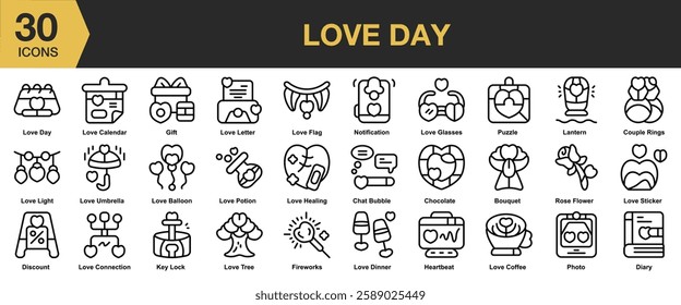 Love Day icon set. Includes love, heart, day, valentine, romantic, and More. Outline icons vector collection.
