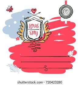  Love day logo. Sketch image shield with wing, arrow and heart. Template banner, poster, invitation card for party event business. Hand-drawn vector illustration.