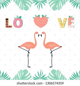 Love, Valentine’s Day, modern collage lettering, tropical leaves and flowers with pink flamingoes in love, summer vector print.