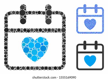 Love day mosaic of small circles in different sizes and color tints, based on love day icon. Vector filled circles are grouped into blue mosaic. Dotted love day icon in usual and blue versions.
