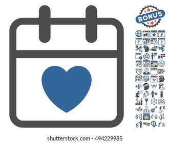Love Day pictograph with bonus calendar and time management clip art. Vector illustration style is flat iconic bicolor symbols, cobalt and gray colors, white background.