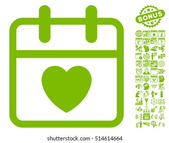 Love Day pictograph with bonus calendar and time management symbols. Vector illustration style is flat iconic symbols, eco green color, white background.