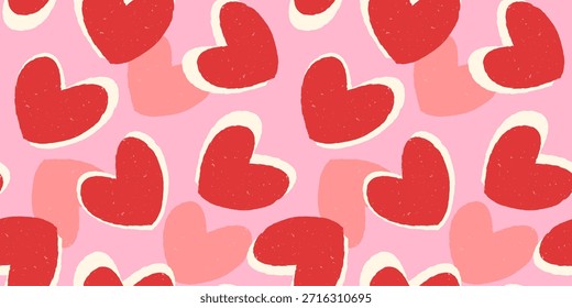 Patrón sin fisuras del día del amor con los corazones rojos texturados ruidosos en fondo rosado. Ilustración vectorial.