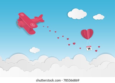 Love and Valentine’s day theme background. Plane with red color are flying and floating red heart on the sky. Paper art style. Vector illustration.