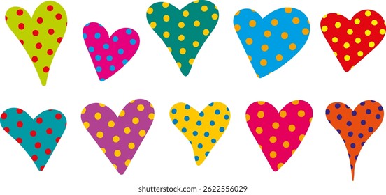 love day valentine lovers vector objects - polka dot hearts - rich modern colors art style - set romantic web design of textiles decor isolated white background
