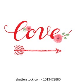 Love Day vector greeting card. Hand made calligraphy and heart. Love and flowers painting abstract design. Watercolor illustration.