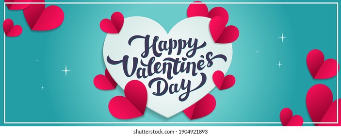 Love day vector horizontal banner or cover. Happy Valentine's day greeting with hearts in paper cut style. Vector illustration