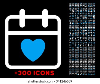 Love Day vector icon with additional 300 date and time management pictograms. Style is bicolor flat symbols, blue and white colors, rounded angles, black background.