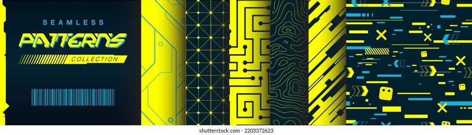 Love Death Cyberpunk Seamless Pattern Collection Set, Glitch Effect, Motherboard, Integrated circuit, Contour Map, Decorative Mosaic from Future. Materials for apparel, clothes, textiles.	