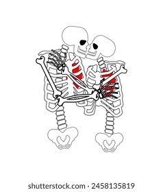 Love to death. Skeletons kiss Sign Valentine's day. Postcard for February 14th. 